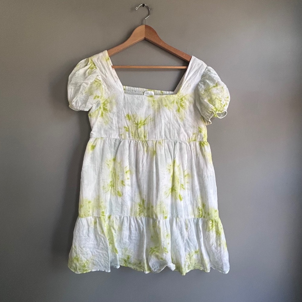 Abound Women Lime Green White Cotton Puff Sleeve Tiered Mini Dress Small
